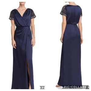 Aidan Mattox embellished short sleeve satin gown